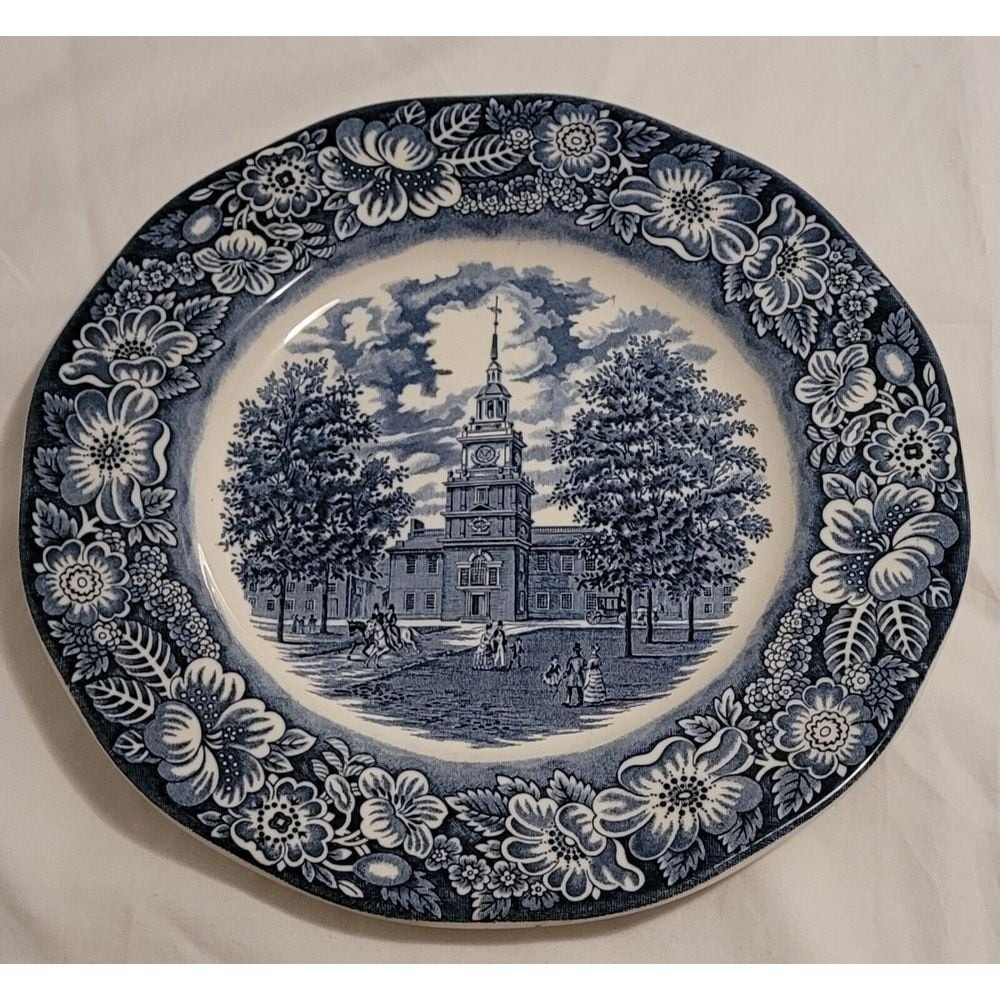Liberty Blue Independence Hall Dinner Plate‎ England 10" Blue White Ironstone